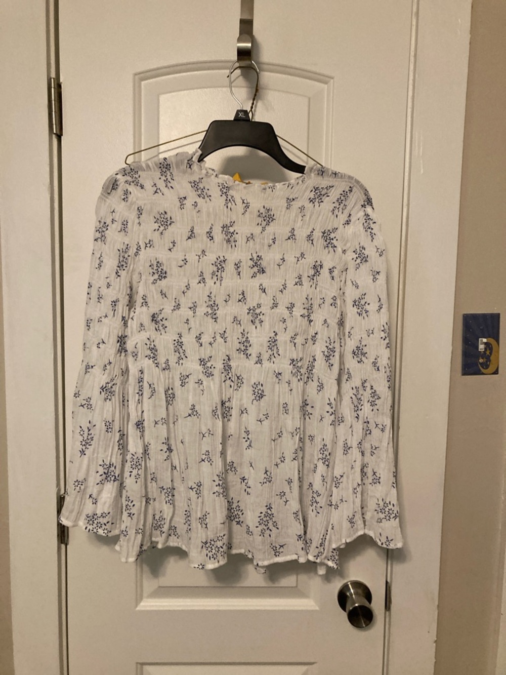 Adiva White Top with Blue Floral Smocked Bodice